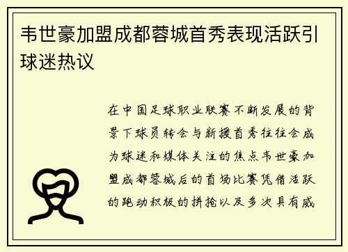 韦世豪加盟成都蓉城首秀表现活跃引球迷热议